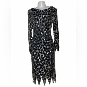 VTG 1980s Sweelo Beaded Silk Dress | Black Silver Sequin Chevron | Size M